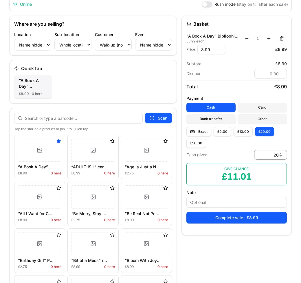 The real CraftSense Pro till: quick-tap products, a basket, cash buttons and £11.01 change from £20 for an £8.99 mug. Location and event names hidden.