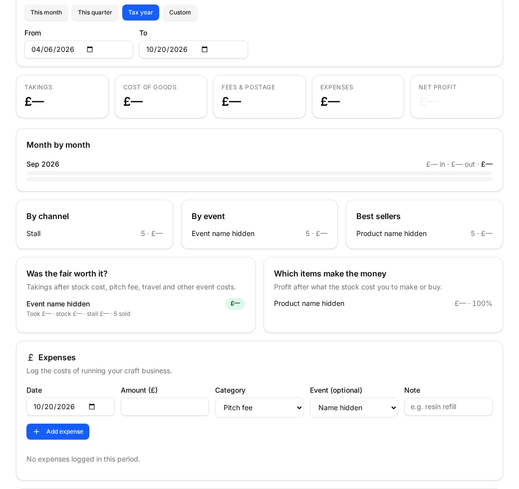 Live CraftSense Pro reports showing takings, costs, event results and product profit. Business figures and names redacted.